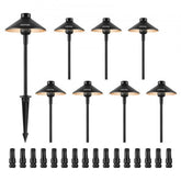 Eight low voltage LED landscape path lights with warm white glow and durable aluminum housing.