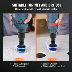 7-piece diamond core drill bit set in case, shown in wet and dry use with electric drill.