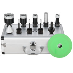 Silver Bostome 7-piece diamond core drill bit set in aluminum case with green polishing pad.