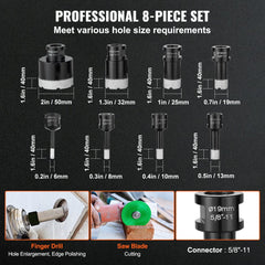 8-piece diamond core drill bit set with sizes from 6mm to 50mm for tile and stone.
