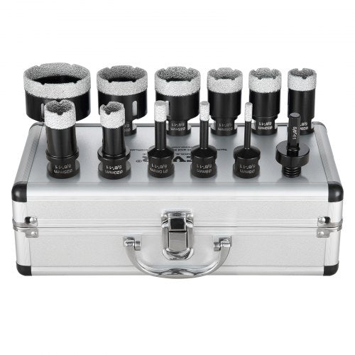 Bostome 11-piece diamond core drill bit set in sizes 6-65mm, stored in a silver aluminum case.