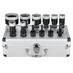 Bostome 11-piece diamond core drill bit set in sizes 6-65mm, stored in a silver aluminum case.