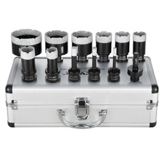 Bostome 11-piece diamond core drill bit set in sizes 6-65mm, stored in a silver aluminum case.