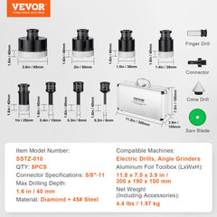 Eight-piece diamond core drill bit set with sizes 6 to 65mm and aluminum storage case.