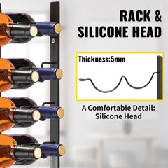 Black steel wall-mounted wine rack with 24 bottle capacity and open frame design.