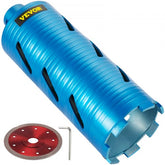Blue 4 inch diamond core drill bit with red circular blade and hex key for concrete drilling.