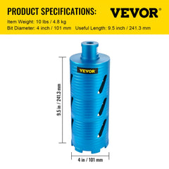 Blue 4-inch diamond core drill bit for wet or dry concrete drilling, 9.5 inches long.