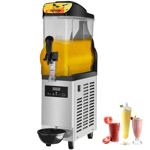 Bostome 12L single bowl stainless steel slushy machine with orange slush and sample drinks.