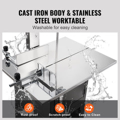 Stainless steel electric meat bandsaw with adjustable thickness and safety features.