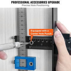 Aluminum alloy cabinet hardware jig with center punch and rulers for precise hole positioning.