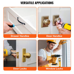 Collage showing installation of drawer handles, door handles, locks, and window locks using a cabinet hardware jig.