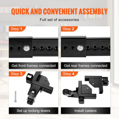 Infographic showing four steps to assemble the Bostome Heavy Duty Universal Mobile Base with black steel frames and wheels.