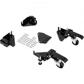 Black steel mobile base kit with adjustable brackets, lockable wheels, and screws for 400 lbs capacity.