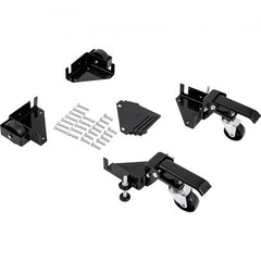 Black steel mobile base kit with adjustable brackets, lockable wheels, and screws for 400 lbs capacity.