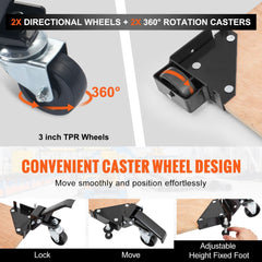 Heavy duty universal mobile base with lockable 3-inch directional wheels and 2.5-inch swivel casters for 400 lbs capacity.