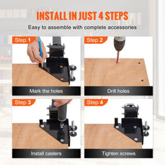 Instructions show four steps to install a mobile base on a wooden board.