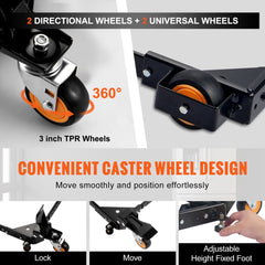 Heavy duty mobile base made of carbon steel with 650 lbs capacity and smooth-rolling wheels.