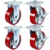 Four 6x2-inch polyurethane caster wheels, two rigid and two swivel with brakes, on steel frames.