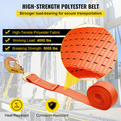 Orange 2"x15.6' ratchet tie down straps in a 4-pack with sturdy hooks and ergonomic handles.