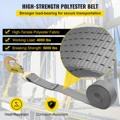 Gray 2-inch by 15.6-foot ratchet tie-down strap with 4000 lbs load capacity and J-hook.