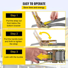 Three-panel diagram showing steps to operate a ratchet tie-down strap: pull strap from bracket, ratchet it tight, and lock with buckle.