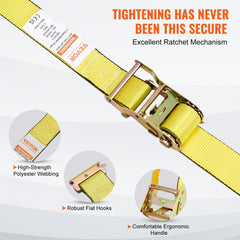 8 yellow ratchet tie-down straps with E-track hooks, 2 inches wide by 15 feet long.