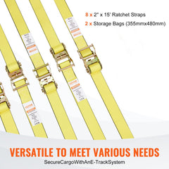 Eight yellow 2-inch by 15-foot E-Track ratchet tie-down straps with hooks.