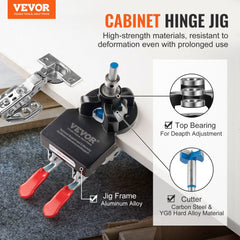 Aluminum alloy hinge jig with dual clamps for precise drilling of 35mm concealed hinges.