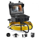 Portable sewer inspection camera with 9-inch screen, 230ft yellow cable, and accessories in a black case.