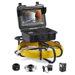 Portable sewer inspection camera with 9-inch screen, 230ft yellow cable, DVR, and 12-LED camera head in black case.