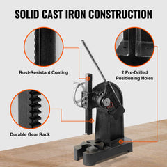 Cast iron 3-ton ratchet arbor press with gear rack, rust-resistant coating, and pre-drilled holes, 12.2 inches high.
