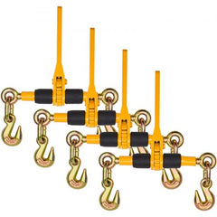 Four yellow Bostome ratchet chain load binders with black grips and metal hooks.
