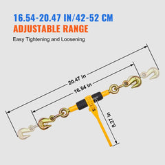 Yellow ratchet chain load binder with hooks, adjustable 16.54-20.47 inches, showing dimensions.