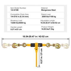 Four yellow ratchet chain load binders with hooks and adjustable 16.54-20.47 inch width.