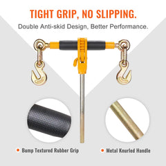 Orange ratchet chain binder with 5/16-3/8 G80 hooks, knurled handle, and anti-slip rubber grip.