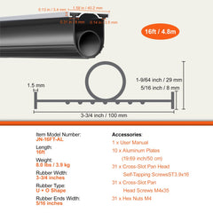 16 ft black U-shape and O-ring garage door bottom seal with aluminum track and rubber profile.