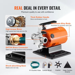 Orange 120V 360 GPH water transfer pump with aluminum body, thick rubber handle, brass connector, hoses, and anti-slip base.