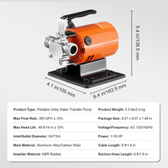 An orange and silver water transfer pump with dimensions and specifications listed below it.