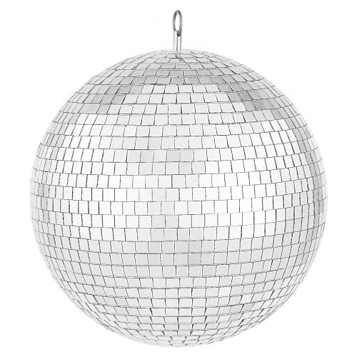 12-inch silver mirror disco ball with a sturdy hanging ring and reflective surface for dazzling effects.