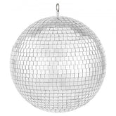 12-inch silver mirror disco ball with a sturdy hanging ring and reflective surface for dazzling effects.