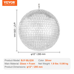 12-inch silver mirror disco ball with a sturdy hanging ring for easy suspension.