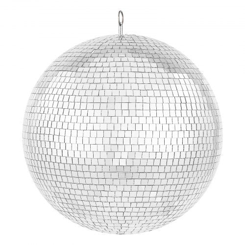 Large 16-inch silver mirror disco ball with thousands of reflective glass mirrors for decoration.