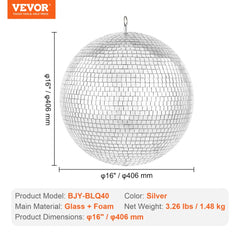 Large 16-inch silver mirror disco ball with thousands of glass mirrors for vibrant reflections.