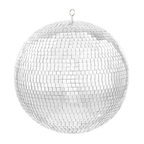 A 20-inch silver mirror disco ball with thousands of glass mirrors and a hanging ring for party decorations.
