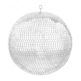 A 20-inch silver mirror disco ball with thousands of glass mirrors and a hanging ring for party decorations.