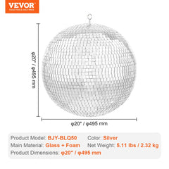A 20-inch silver mirror disco ball with thousands of glass facets and a metal hanging ring for party decorations.