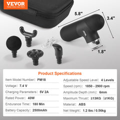 Bostome Mini Massage Gun in black with four speed settings and interchangeable heads.