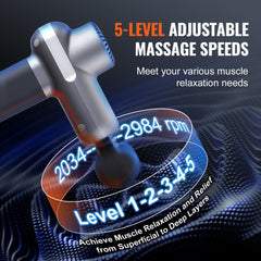 A silver and black massage gun with text indicating 5 adjustable speeds from 2034 to 2984 rpm.