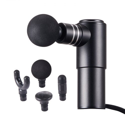 Black portable mini massage gun with four interchangeable heads including ball, bullet, fork, and flat.