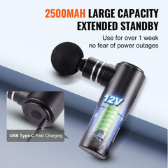 Black Bostome mini massage gun with 4 heads, 12V motor, and 2500mAh Type-C battery.